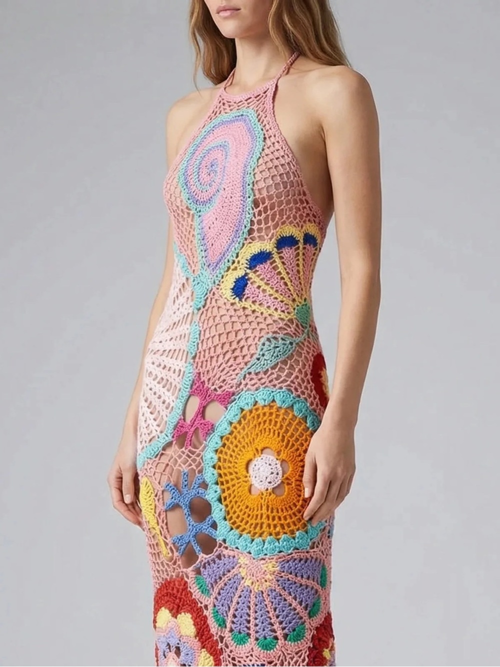 OCEANUS Kaia Crochet Coral Multi Color Maxi Dress (Small) NWT